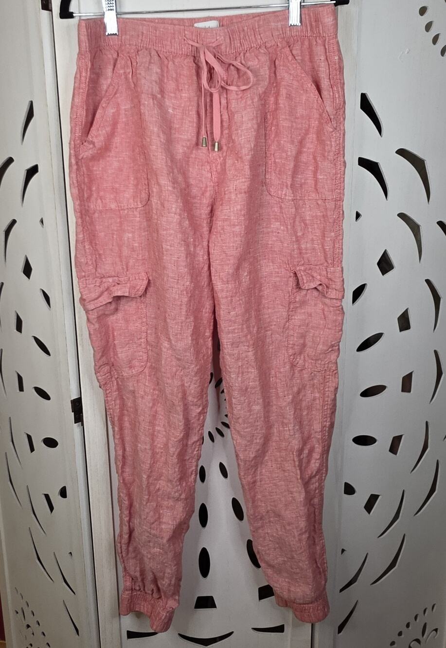 Nicole Miller NY Red Marled 100% Linen Pull On Cargo Jogger Pants Size Large